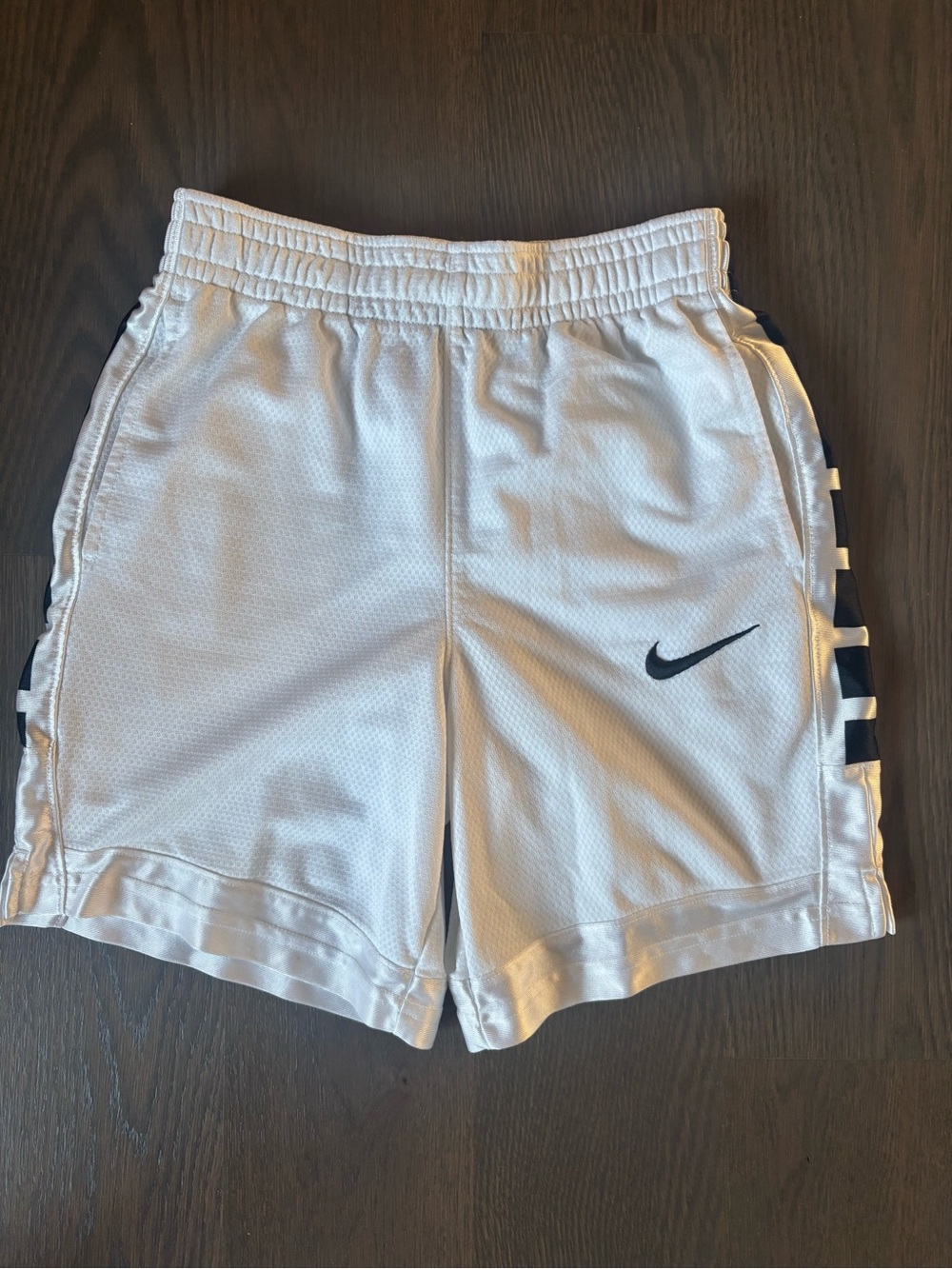 Nike Elite Boys’ White Mesh Shorts with Black Swoosh and Side Accents